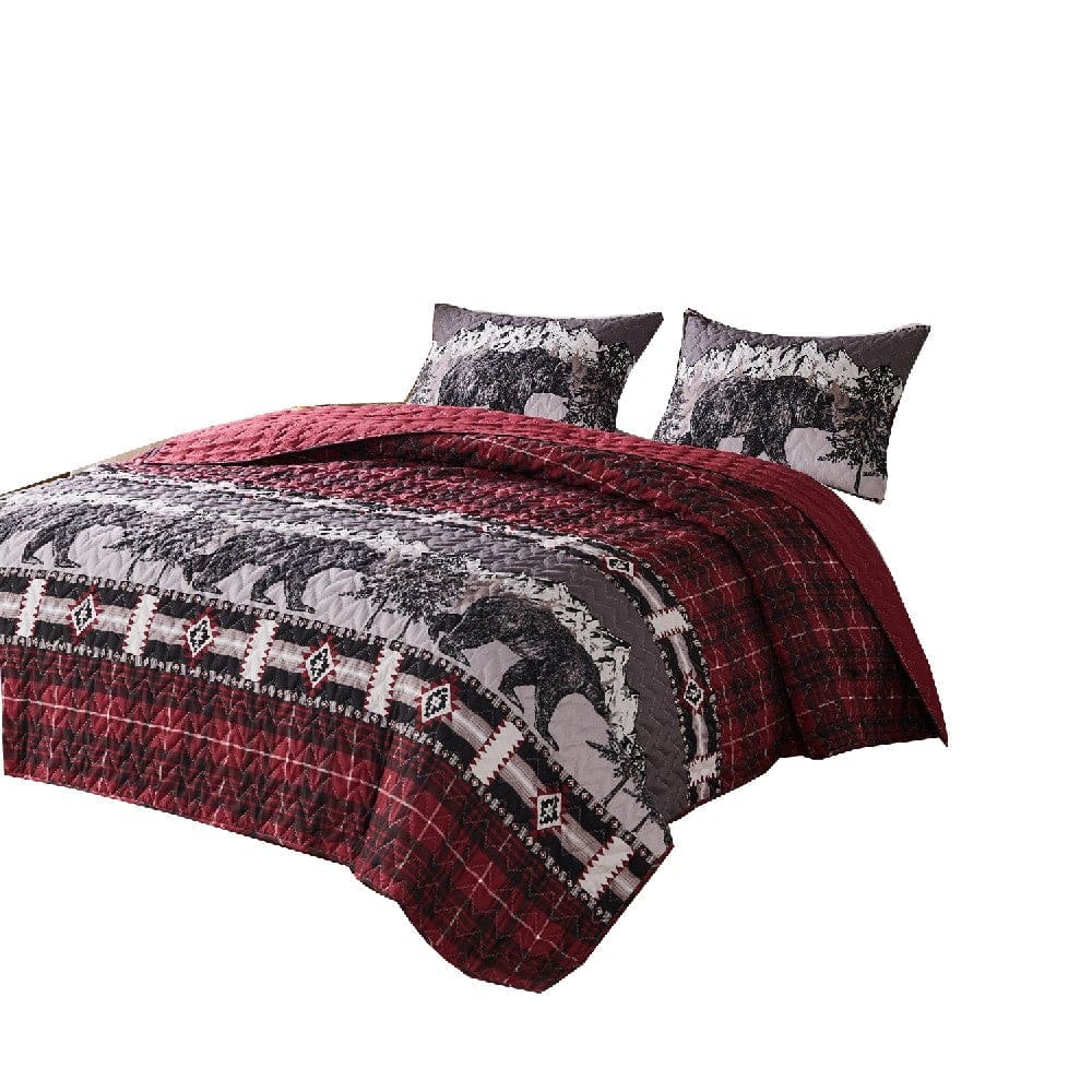 2 Piece Twin Quilt Set with Bear and Plaid Pattern Gray and Red By Casagear Home BM270176