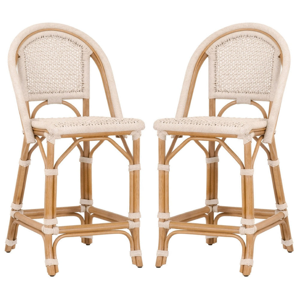 Counter Stool with Woven Seat and Curved Back, Set of 2, Offwhite By Casagear Home