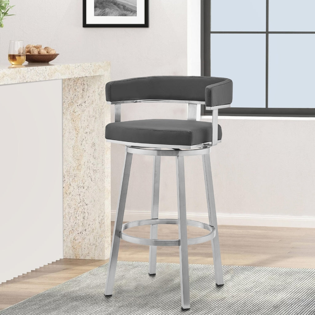 Swivel Barstool with Curved Open Back and Metal Frame, Gray and Silver By Casagear Home