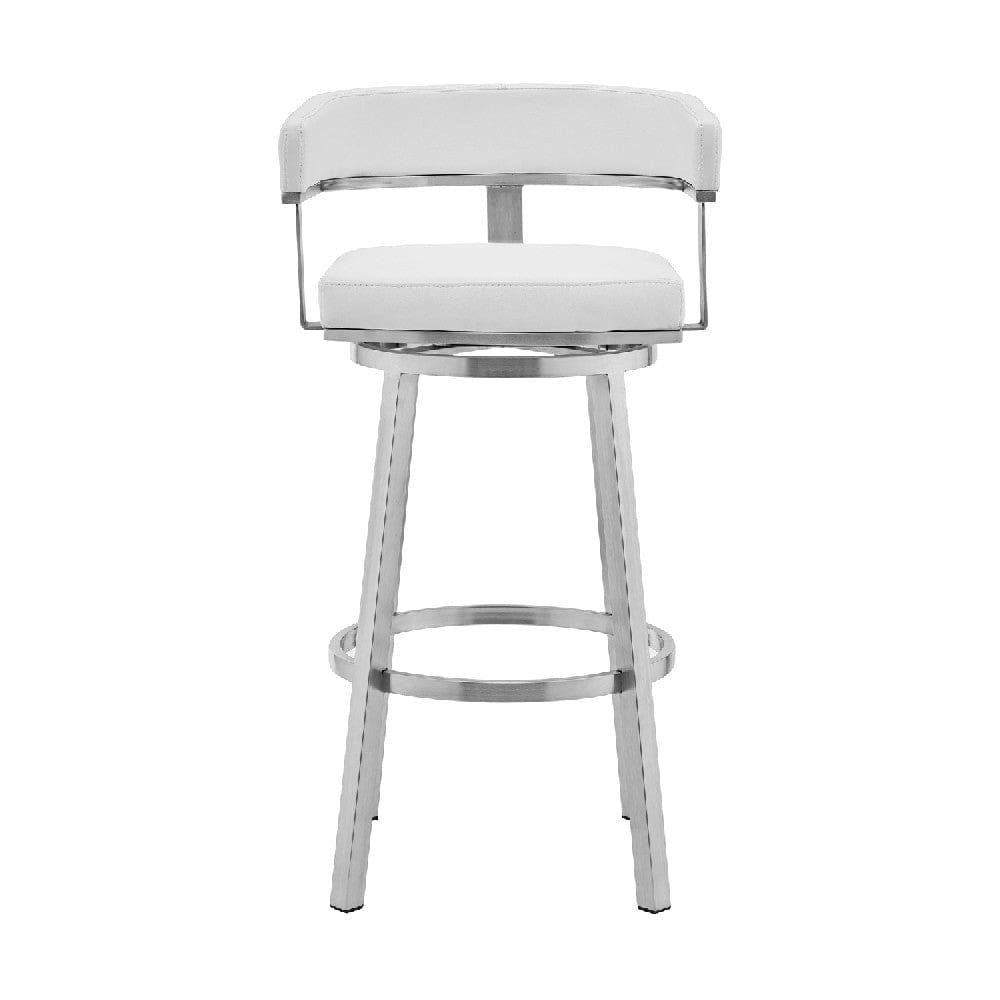 Swivel Barstool with Open Curved Back and Metal Legs, White and Silver By Casagear Home