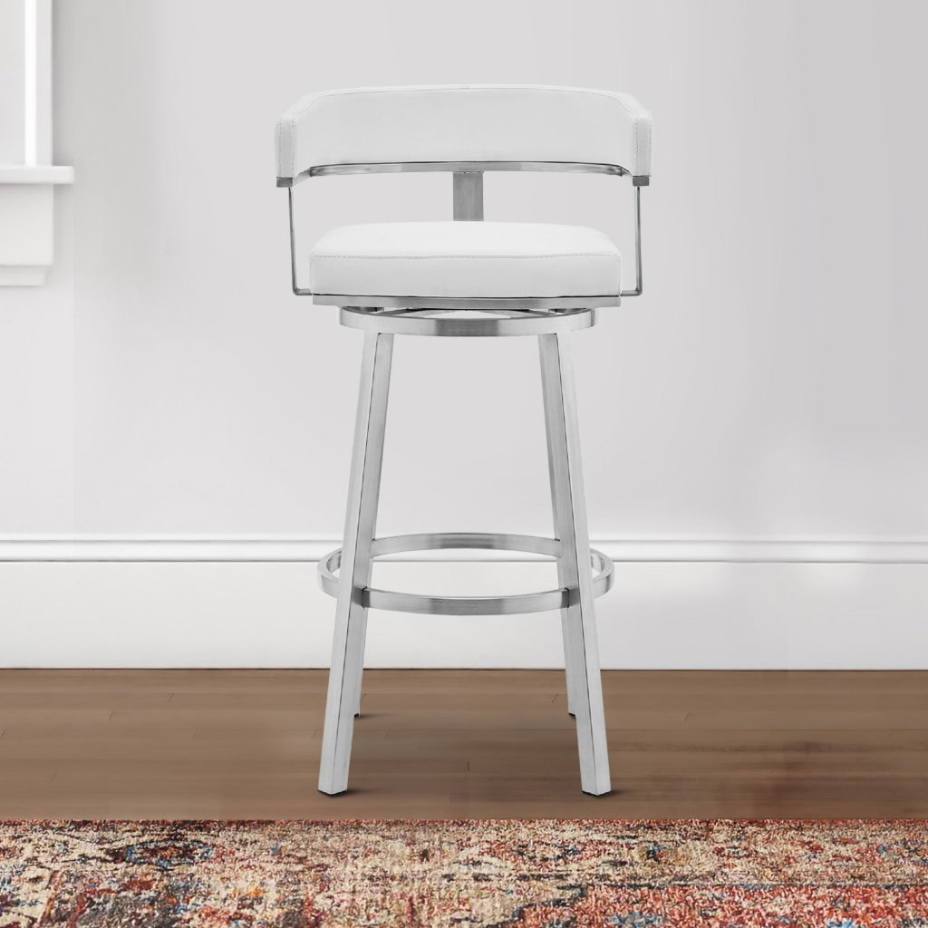 Swivel Barstool with Open Curved Back and Metal Legs, White and Silver By Casagear Home