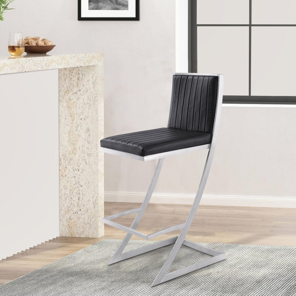 Barstool with Channel Stitching and Angled Cantilever Base, Black and Silver By Casagear Home