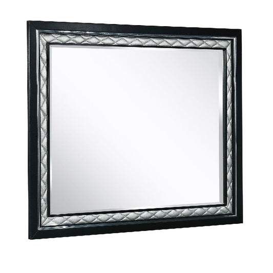 46 Inch Eveline Collection Mirror with Diamond Stitching and Tufted Design, Silver and Black By Casagear Home