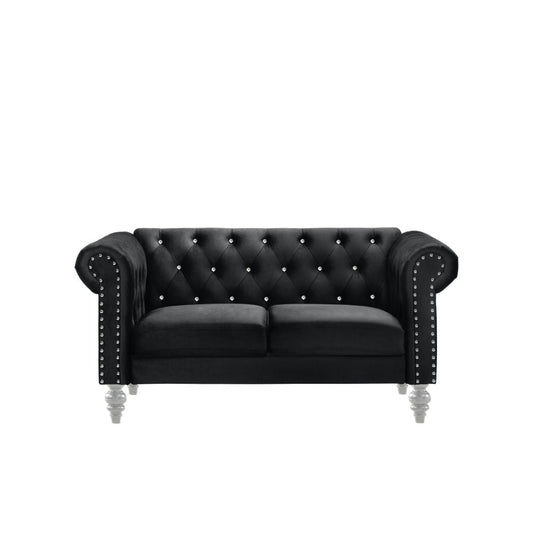 Ben 62 Inch Velvet Loveseat with Crystal Tufted Back, Black, Silver By Casagear Home