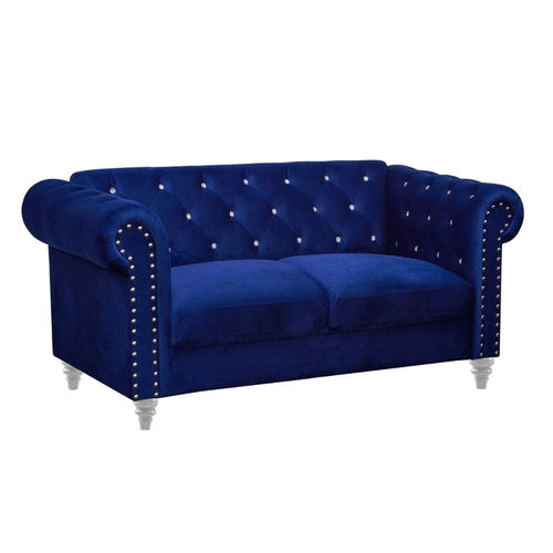 Ben Loveseat | 62" | Velvet | Crystal Tufted Back | Blue & Silver