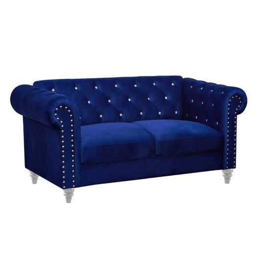 Ben 62 Inch Velvet Loveseat with Crystal Tufted Back, Blue, Silver By Casagear Home