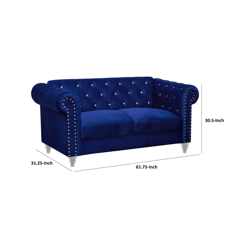 Ben 62 Inch Velvet Loveseat with Crystal Tufted Back Blue Silver By Casagear Home BM271906