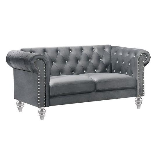 Ben 62 Inch Velvet Loveseat with Crystal Tufted Back, Gray By Casagear Home