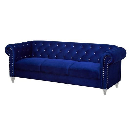 Ben 83 Inch Velvet Sofa with Crystal Tufted Back, Royal Blue By Casagear Home