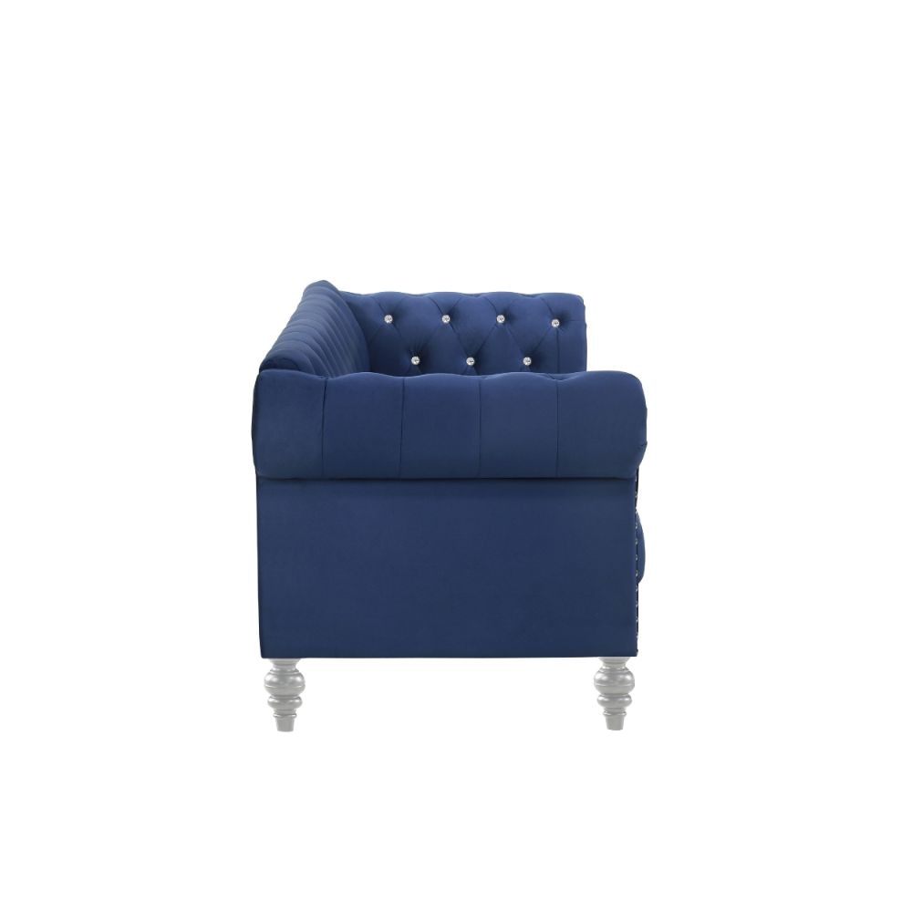 Ben 83 Inch Velvet Sofa with Crystal Tufted Back Royal Blue By Casagear Home BM271909