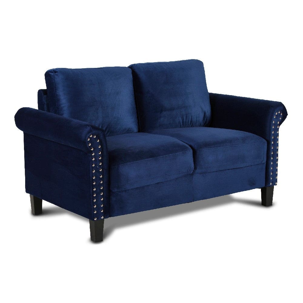 Judy 60 Inch Velvet Upholstered Loveseat with Nailhead Trim, Blue By Casagear Home