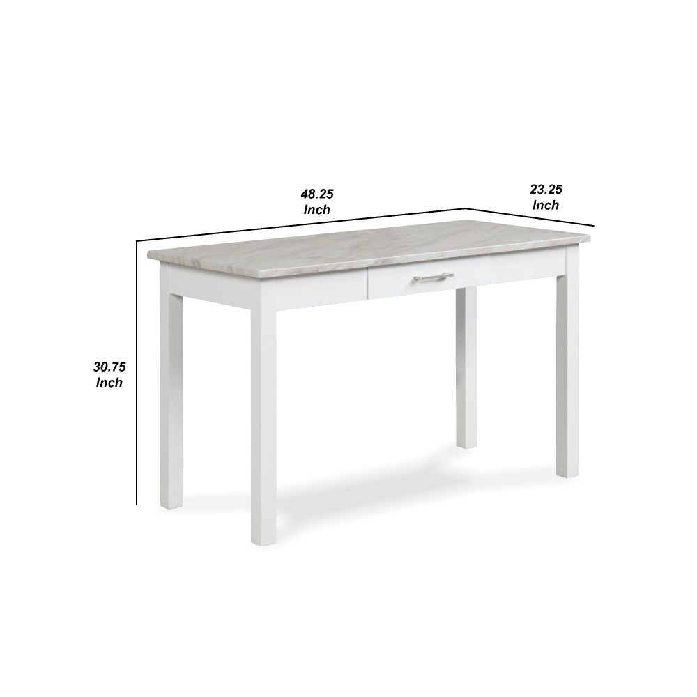 Jay 48 Inch Desk With Drawer and Faux Marble Top White By Casagear Home BM272065