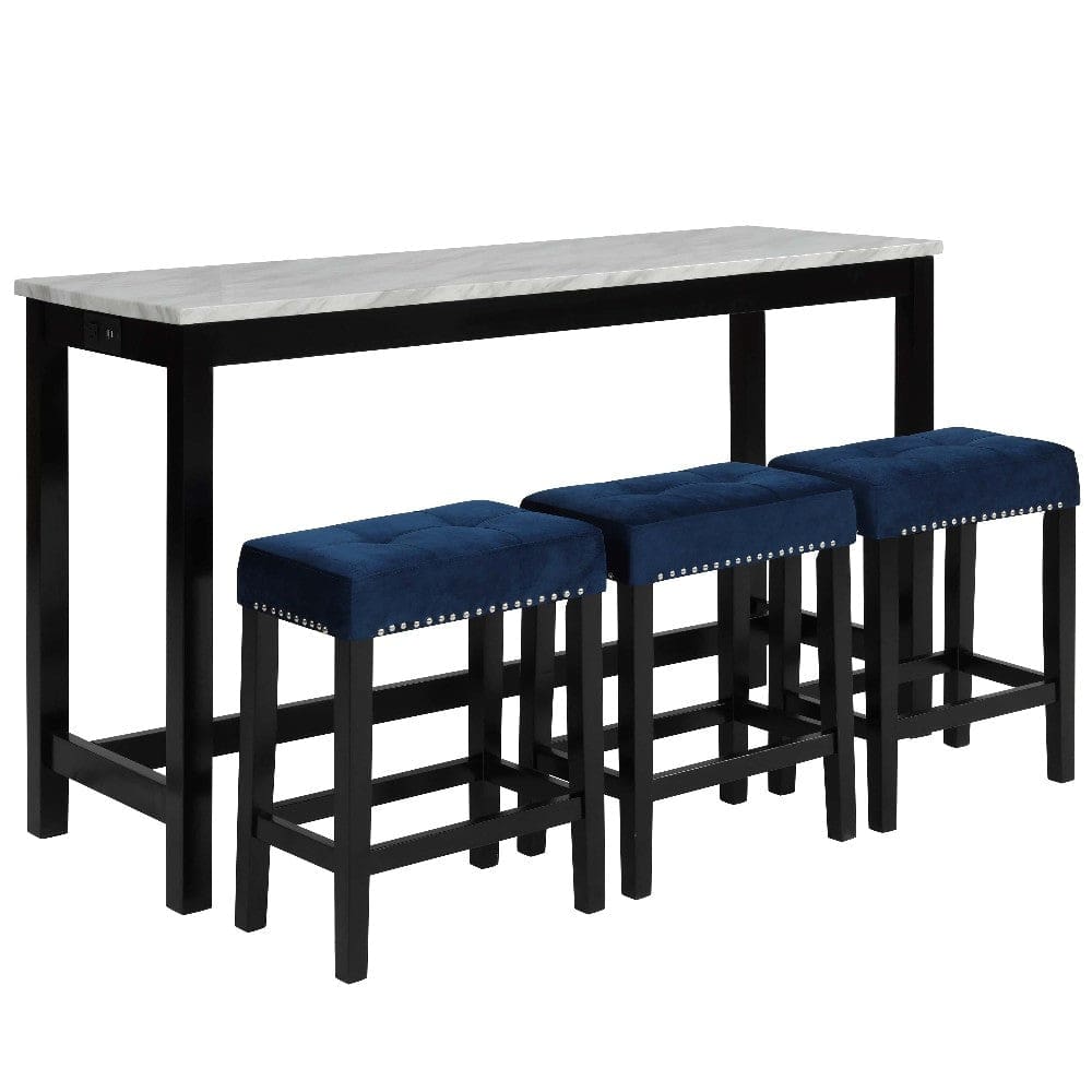 Kate 60 Inch 4 Piece Bar Table Set with Upholstered Stools, Blue By Casagear Home