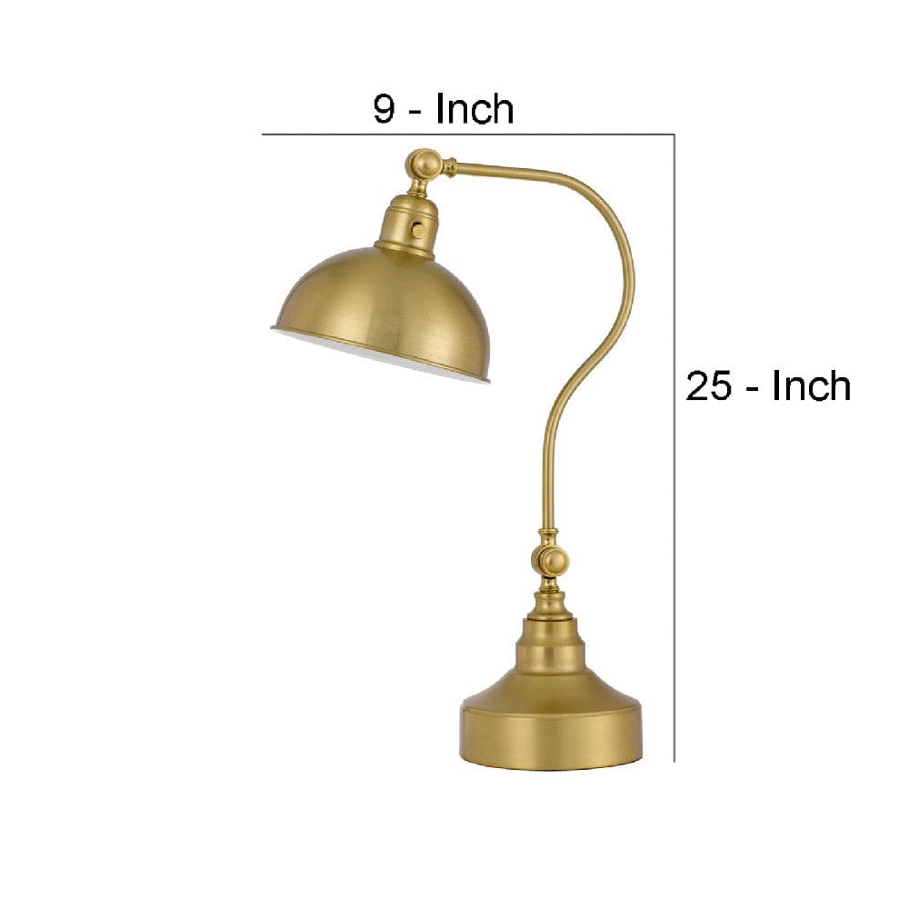 25 Inch Metal Curved Desk Lamp Adjustable Dome Shade Brass By Casagear Home BM272204