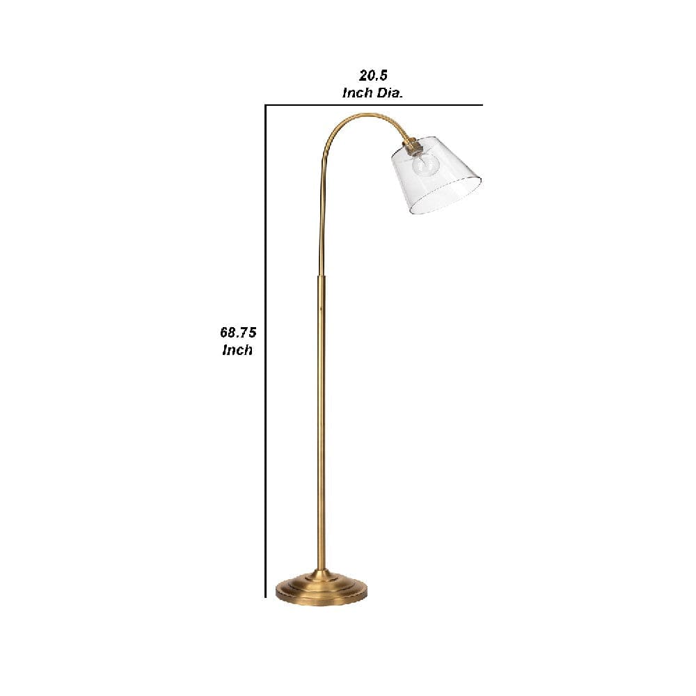 69 Inch Metal Floor Lamp with Clear Cone Glass Shade Brass By Casagear Home BM272366