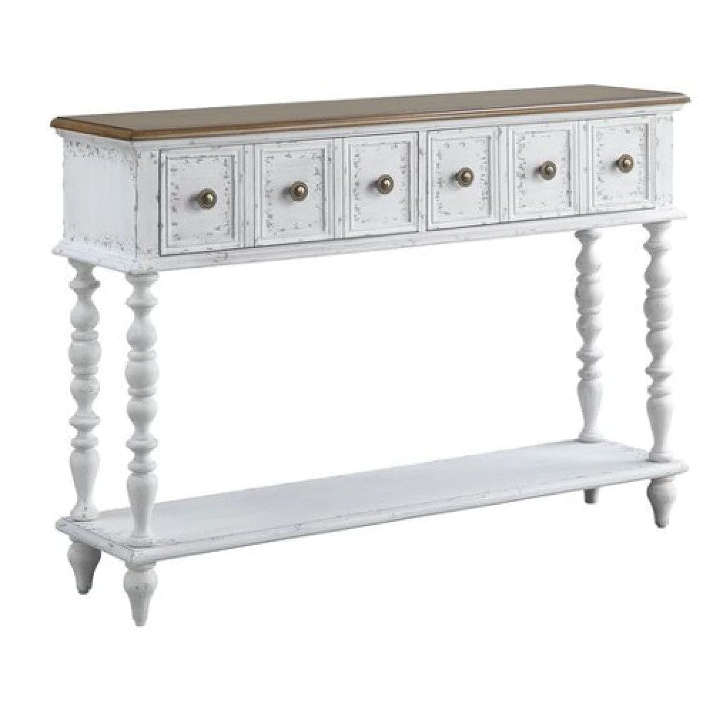 48 Inch 2 Drawer Console Table, Turned Legs, Distressed White By Casagear Home