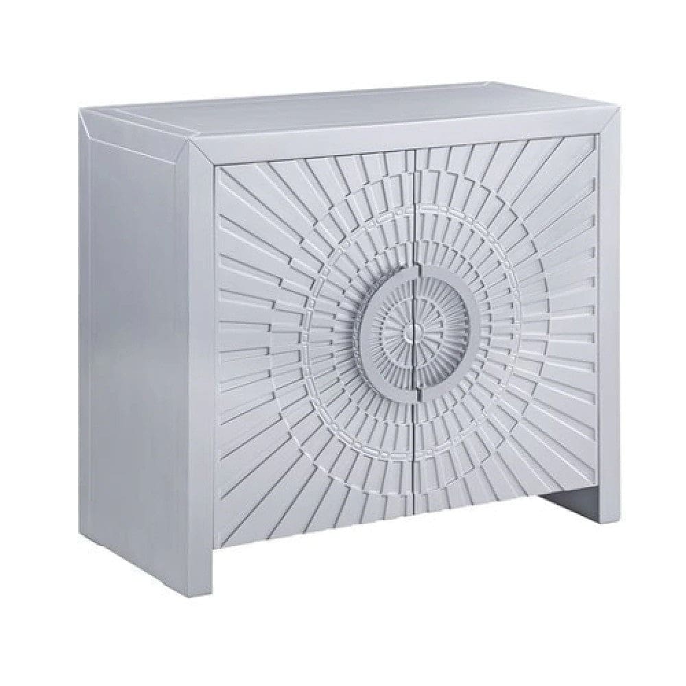 37 Inch 2 Door Wood Storage Cabinet Console Table, Sunburst Design, Silver By Casagear Home
