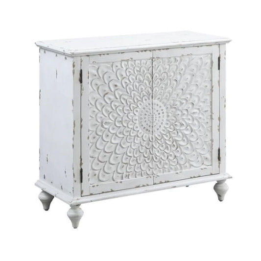 36 Inch Wood Console Buffet Cabinet, Carved Floral Pattern, Antique White By Casagear Home