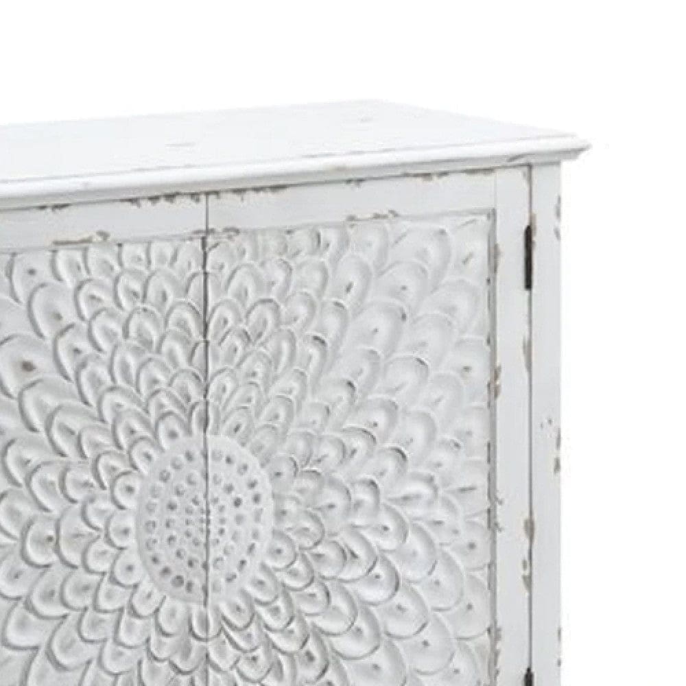 36 Inch Wood Console Buffet Cabinet Carved Floral Pattern Antique White By Casagear Home BM273243