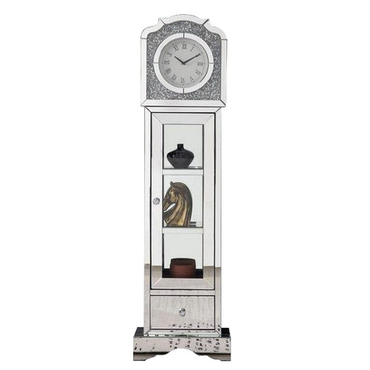 63 Inch Doe Mirrored Grandfather Clock, 3 Shelves, Ornate Design, Silver By Casagear Home