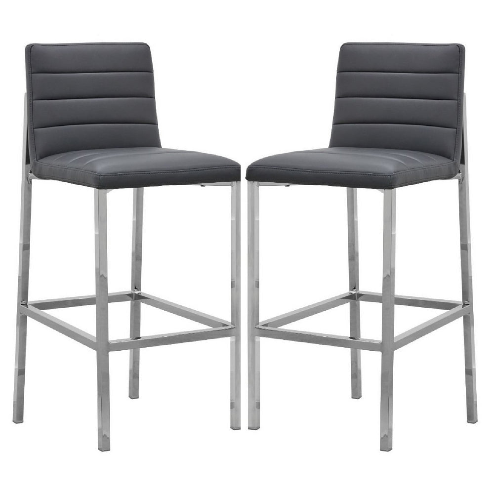 Eun 30 Inch Faux Leather Channel Barstool Chrome Set of 2 Dark Gray By Casagear Home BM273681