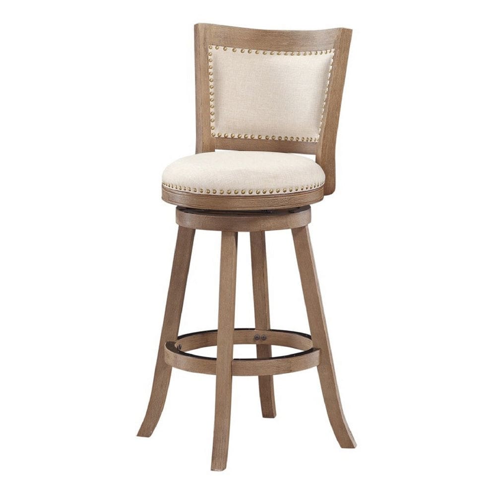 Kia 29 Inch Swivel Barstool, Solid Wood, Brass Nailhead Trim, Fabric Upholstery, Ivory By Casagear Home