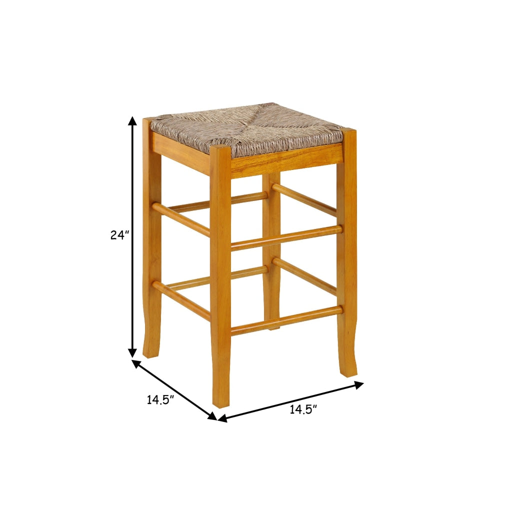 Chris 24 Inch Counter Stool with Wood Frame Handwoven Rush Seat Oak Brown By Casagear Home BM274265