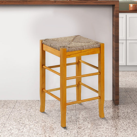 Chris 24 Inch Counter Stool with Wood Frame, Handwoven Rush Seat, Oak Brown By Casagear Home