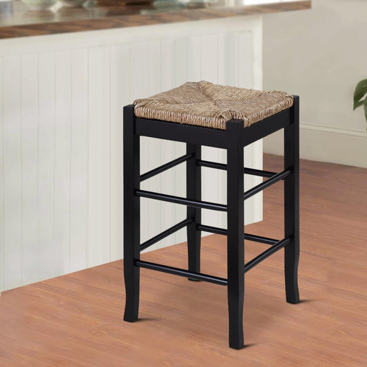 Chris 24 Inch Counter Stool with Wood Frame, Handwoven Rush Seat, Black