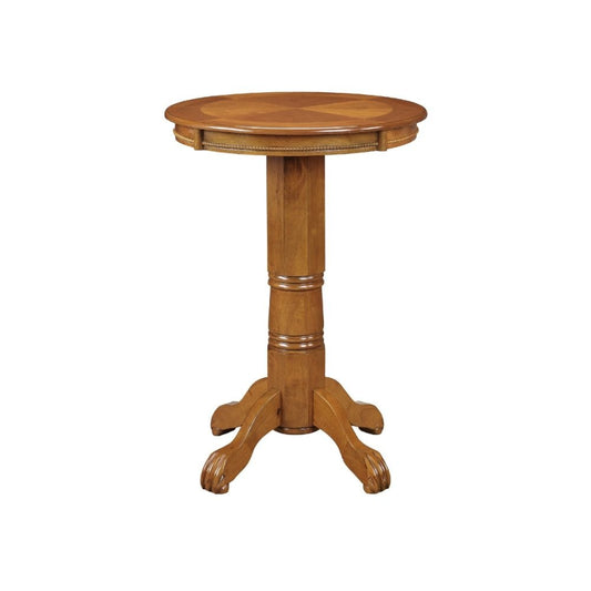 Ava 42 Inch Wood Pub Bar Table, Sunburst Design, Carved Pedestal, Oak By Casagear Home