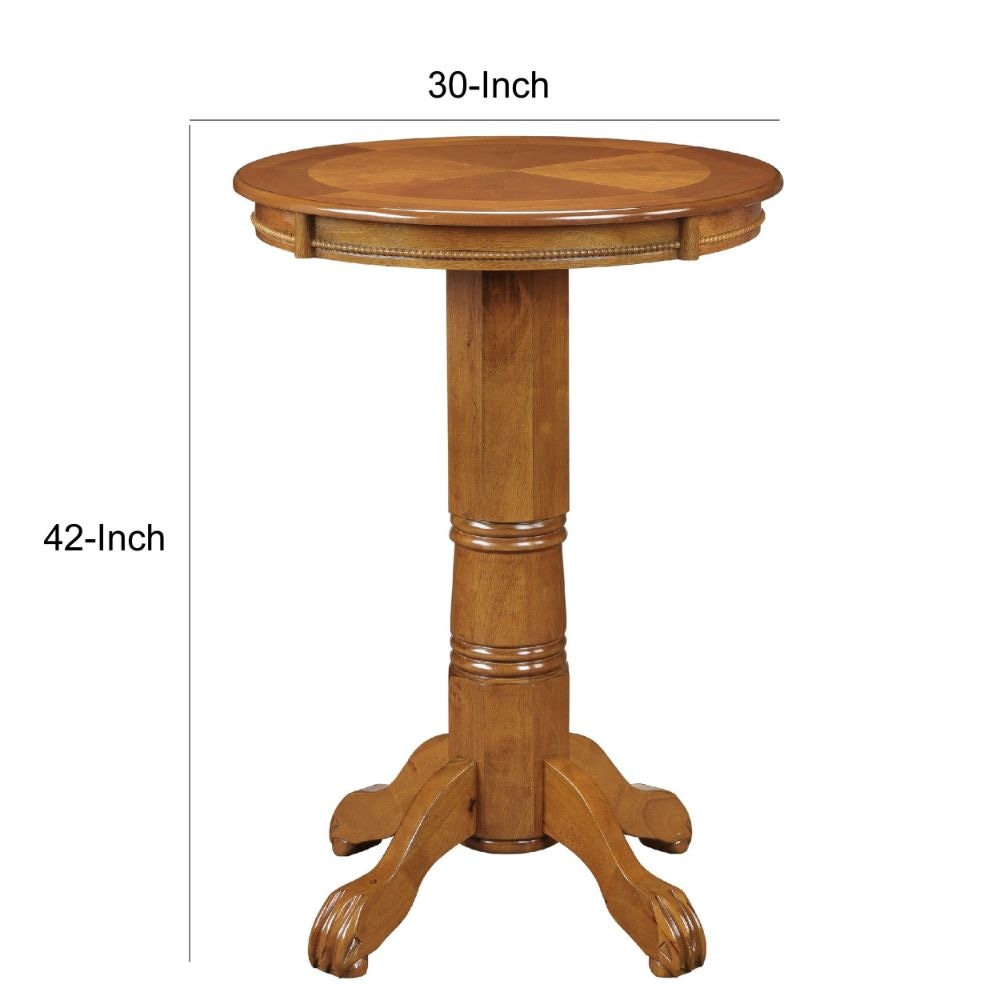 Ava 42 Inch Wood Pub Bar Table Sunburst Design Carved Pedestal Oak By Casagear Home BM274269