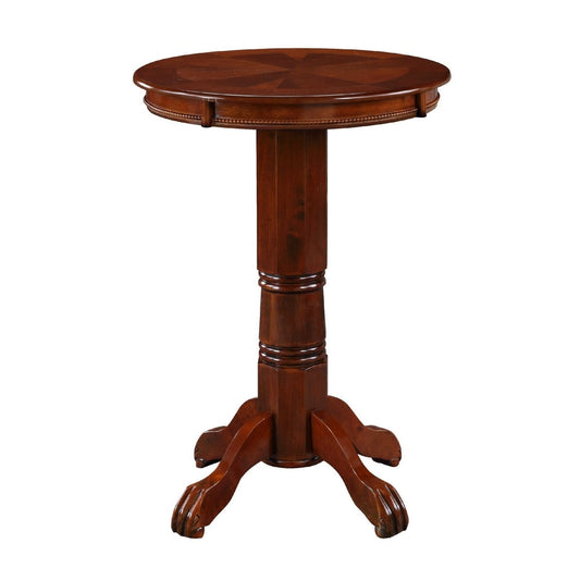 Ava 42 Inch Wood Pub Bar Table, Sunburst Design, Carved Pedestal, Dark Brown By Casagear Home