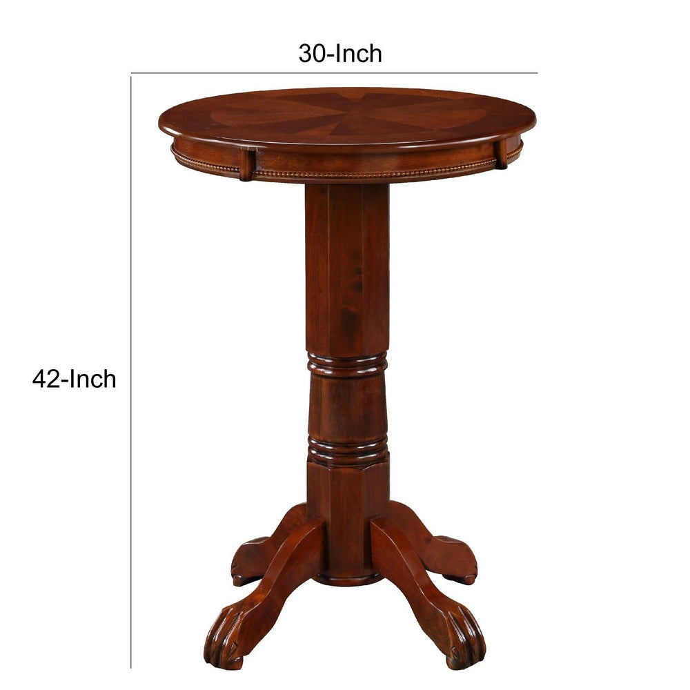 Ava 42 Inch Wood Pub Bar Table Sunburst Design Carved Pedestal Dark Brown By Casagear Home BM274270