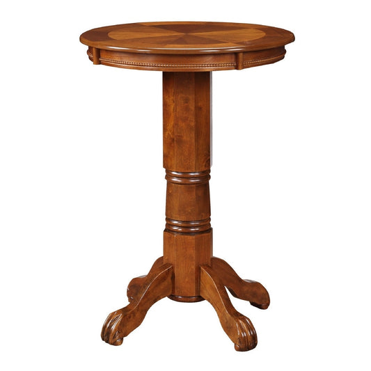 Ava 42 Inch Wood Pub Bar Table, Sunburst Design, Carved Pedestal, Walnut By Casagear Home