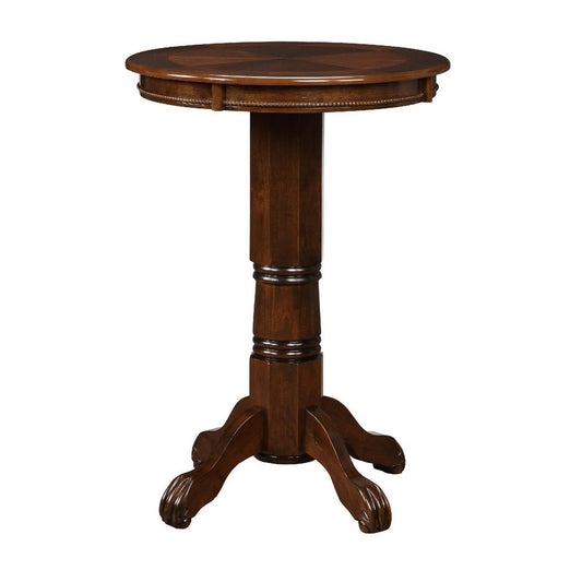 Ava 42 Inch Wood Pub Bar Table, Sunburst Design, Carved Pedestal, Cappuccino By Casagear Home