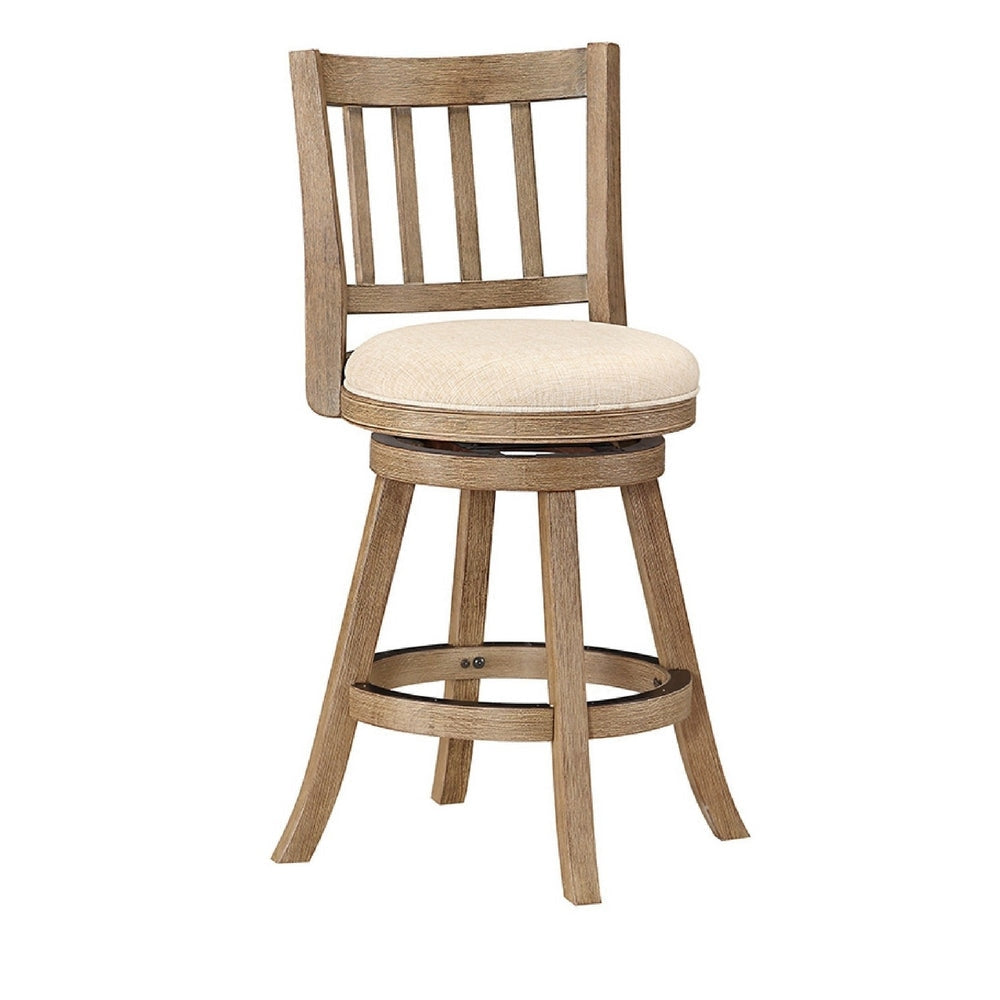 Adam 24 Inch Solid Wood Swivel Counter Stool, Slatted Back, Ivory By Casagear Home