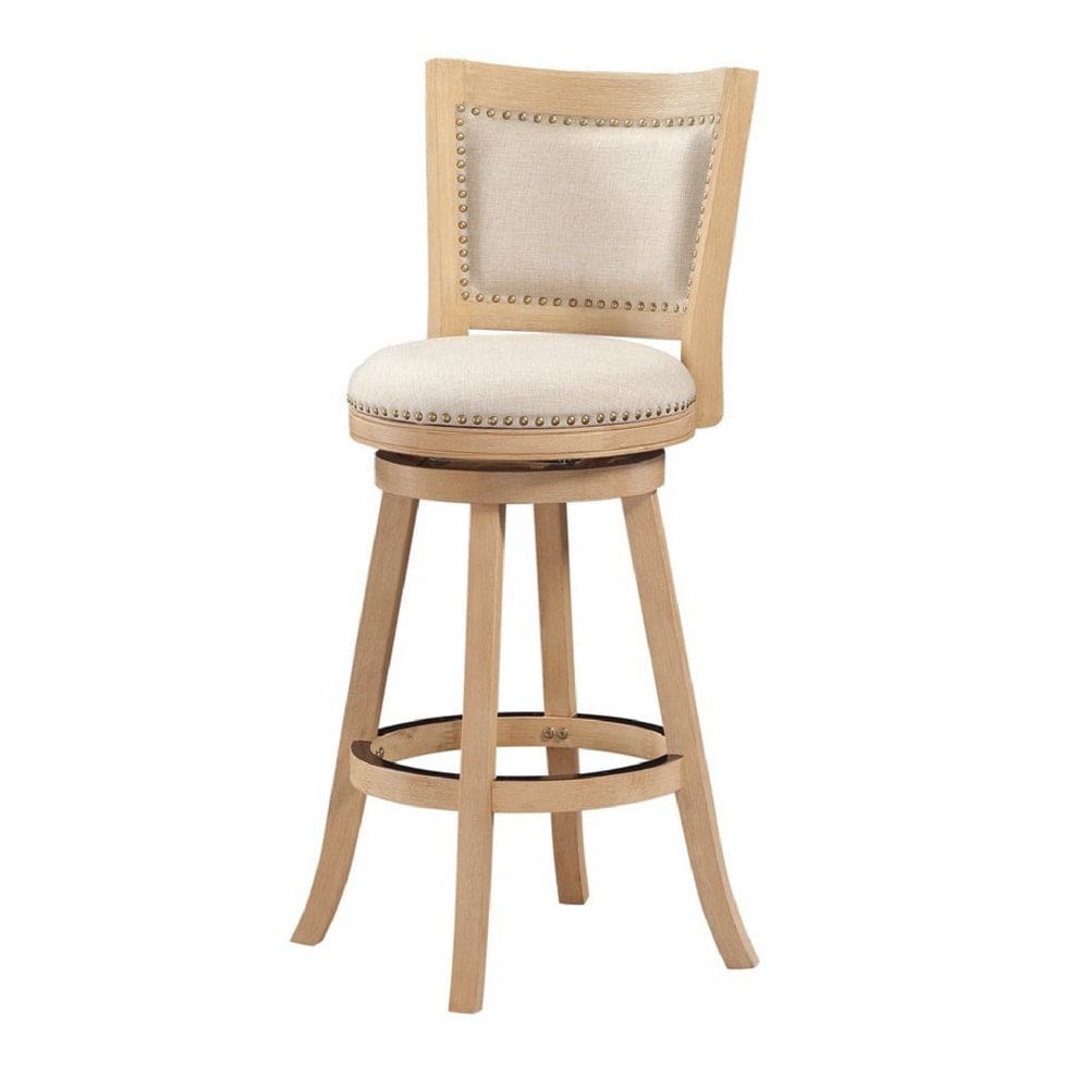 Kia 29 Inch Solid Wood Swivel Barstool, Curved Panel Back, Brass Nailheads, Ivory By Casagear Home