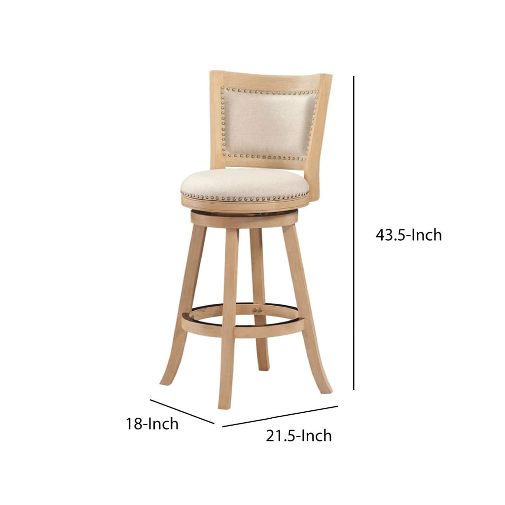 Kia 29 Inch Solid Wood Swivel Barstool Curved Panel Back Brass Nailheads Ivory By Casagear Home BM274284