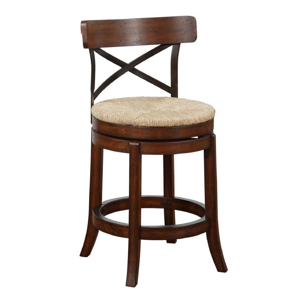 Mia 24 Inch Swivel Counter Stool, Crossed Metal Back, Sedge Seat, Brown By Casagear Home