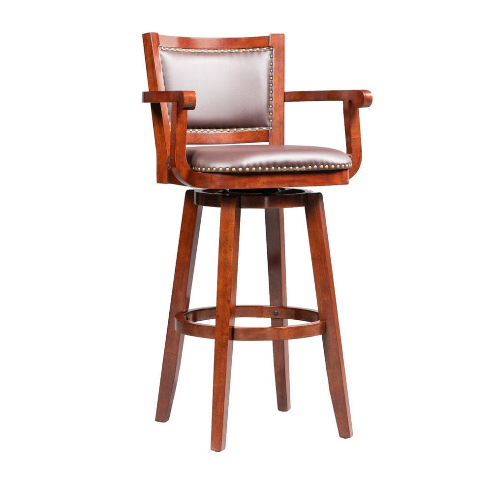 Hugo 34 Inch Swivel Barstool, Wood, Open Rolled Arms, Bonded Leather, Brown By Casagear Home