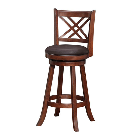 29 Inch Swivel Barstool, Double Cross Back, Wood, Faux Leather, Dark Brown By Casagear Home