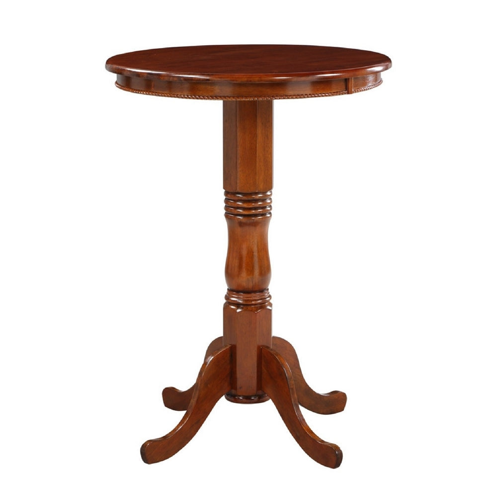 32 Inch Round Pub Bar Table, Classic Turned Pedestal, MDF Wood, Walnut Brown By Casagear Home