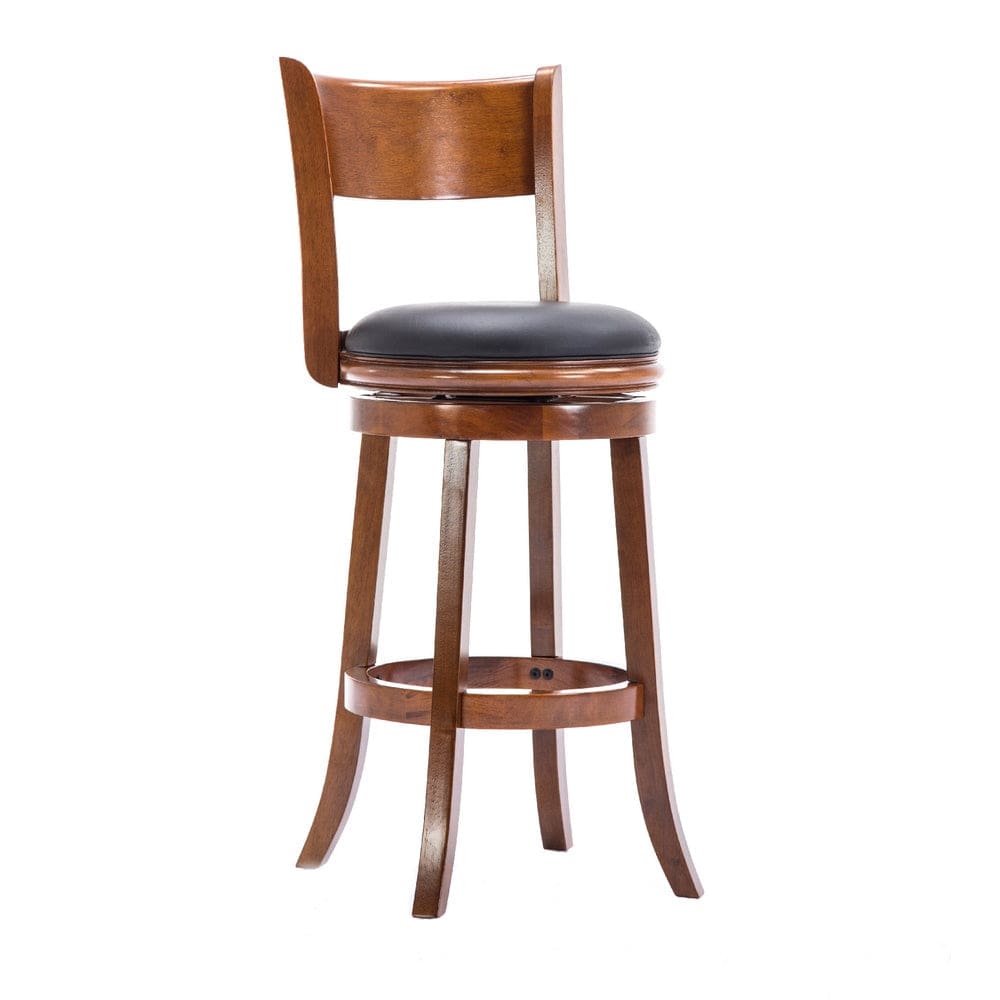 Pal 29 Inch Swivel Bar Stool, Solid Wood, Bonded Leather, Walnut Brown By Casagear Home