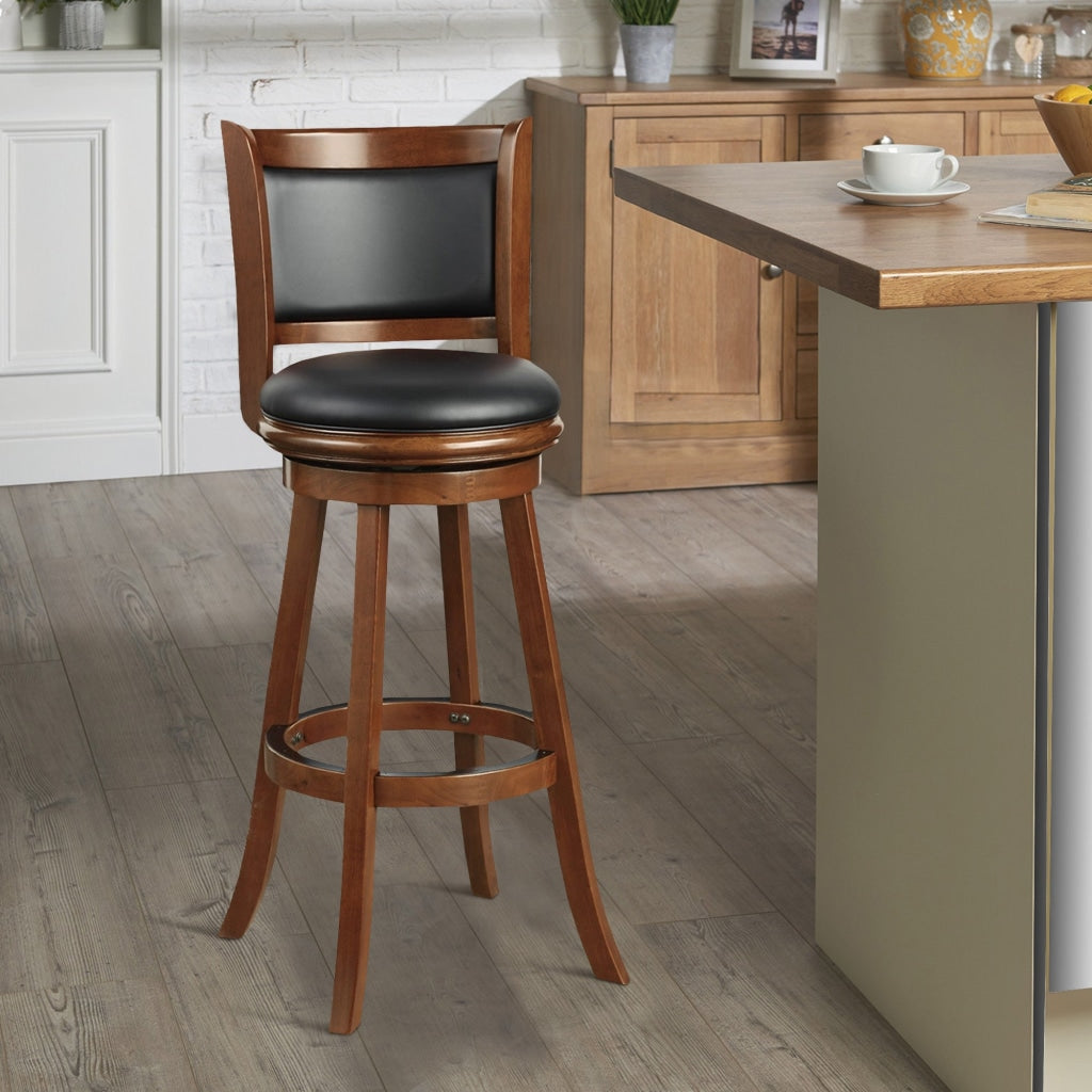 Pio 34 Inch Extra Tall Swivel Bar Stool, Wood, Faux Leather, Cherry Brown By Casagear Home