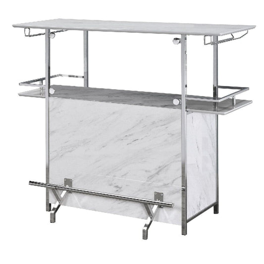47 Inch Faux Marble Bar Table, Hanging Stemware, Steel Frame, White, Chrome By Casagear Home