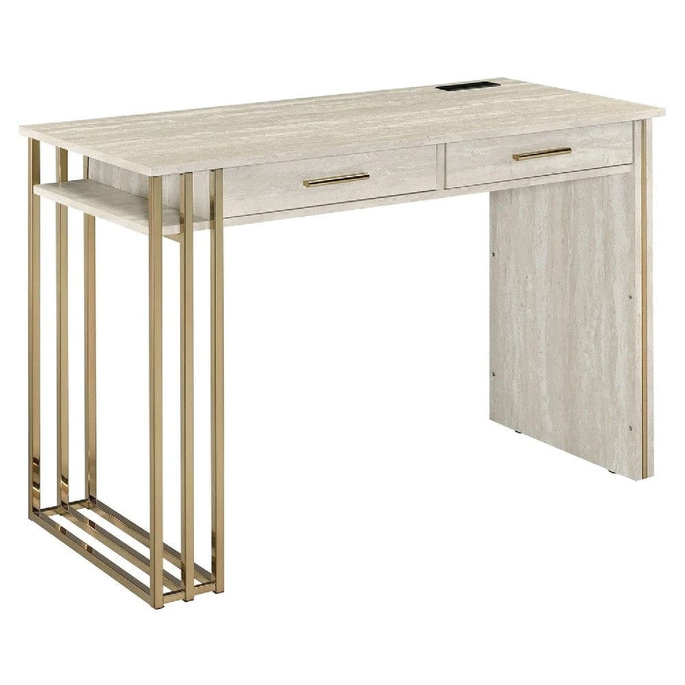 42 Inch Desk Console Table, 2 Drawers, Metal Base, Oak White, Gold By Casagear Home