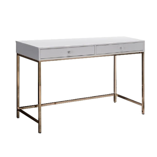 47 Inch Desk Console Table, 2 Drawers, Metal Frame, White, Gold By Casagear Home