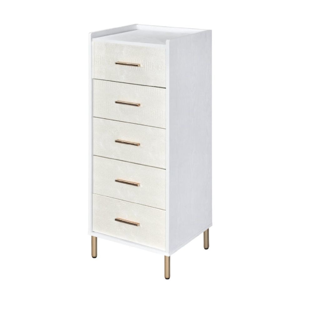 San 45 Inch 5 Drawer Jewelry Storage Chest, Gold Metal Legs, White and Gold By Casagear Home