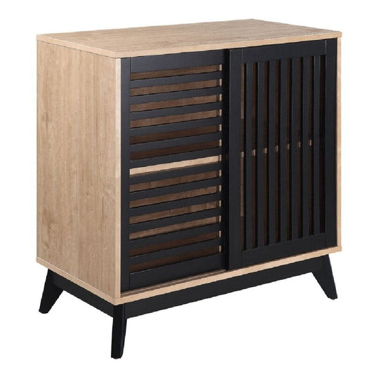 Nael 30 Inch Wood Accent Cabinet With Slatted Sliding Doors, Oak, Black By Casagear Home