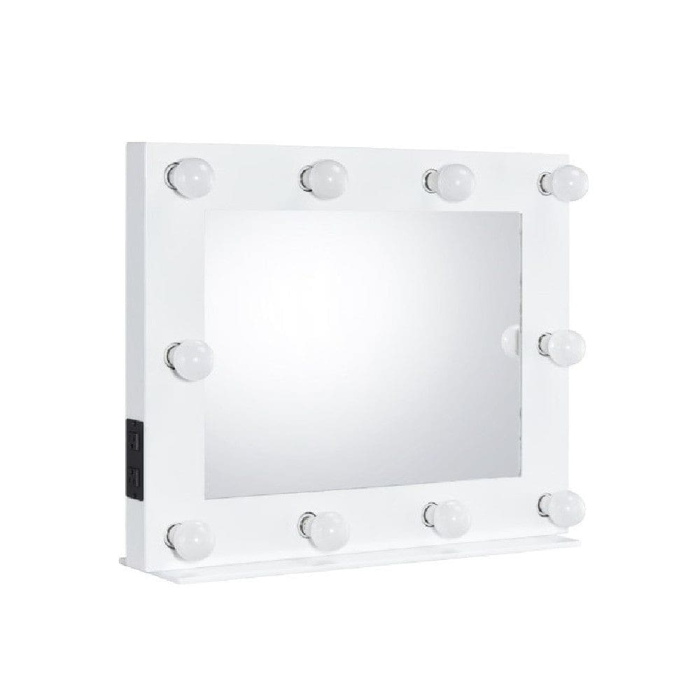 32 Inch Modern Lighted Mirror, 2 Power Outlets, 10 Bulb Sockets, White By Casagear Home